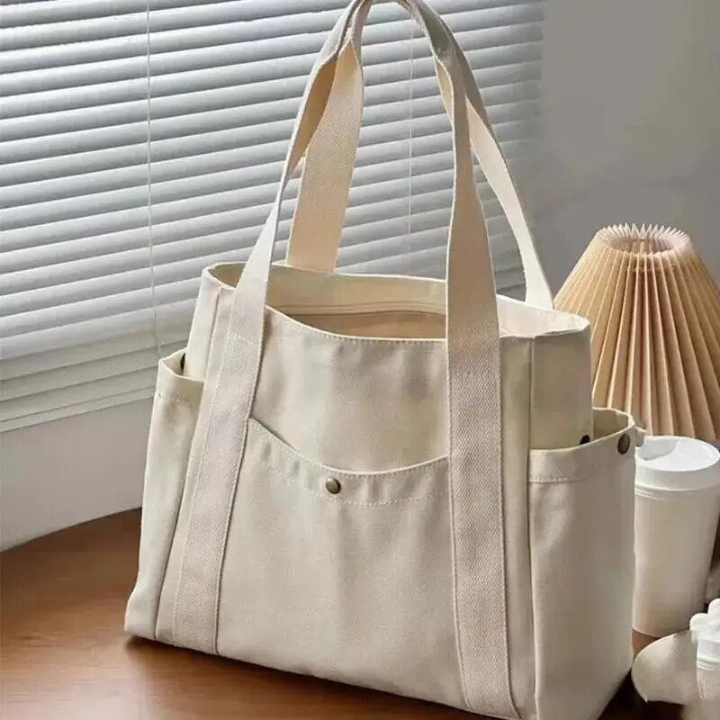 Large Capacity Canvas Women's Tote Bag, Multiple Outer Pocket Shoulder Handbag, Casual Student Shopping Purse