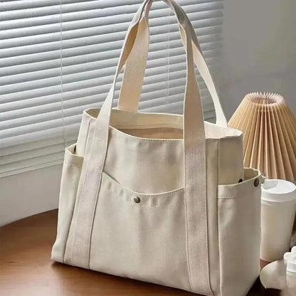Large Capacity Canvas Women's Tote Bag, Multiple Outer Pocket Shoulder Handbag, Casual Student Shopping Purse