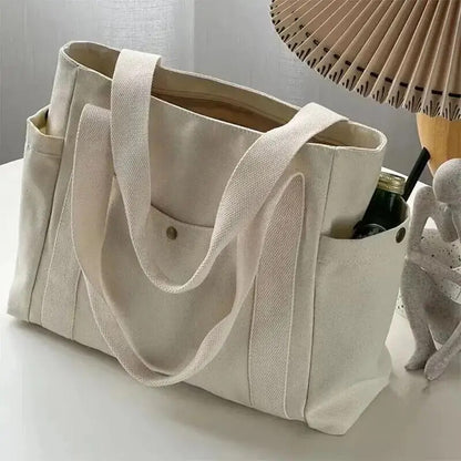 Large Capacity Canvas Women's Tote Bag, Multiple Outer Pocket Shoulder Handbag, Casual Student Shopping Purse