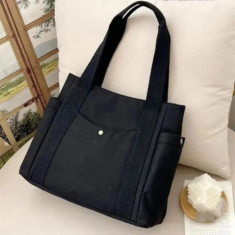 Large Capacity Canvas Women's Tote Bag, Multiple Outer Pocket Shoulder Handbag, Casual Student Shopping Purse