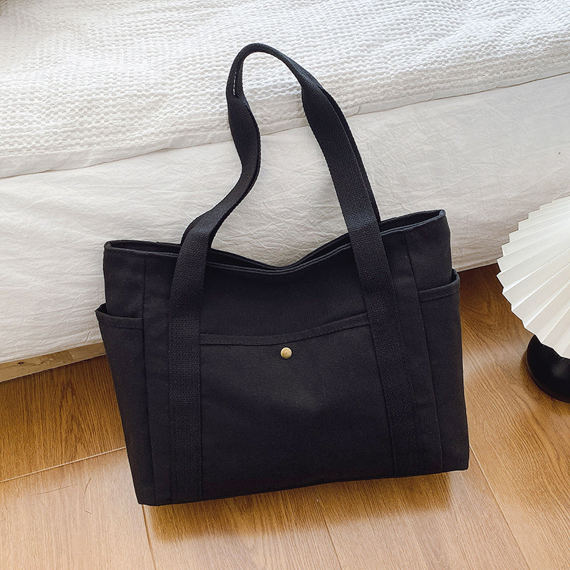 Large Capacity Canvas Women's Tote Bag, Multiple Outer Pocket Shoulder Handbag, Casual Student Shopping Purse