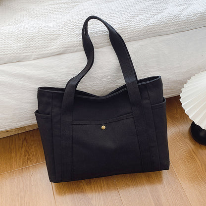 Large Capacity Canvas Women's Tote Bag, Multiple Outer Pocket Shoulder Handbag, Casual Student Shopping Purse
