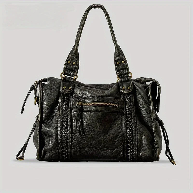 Black Leather Tote Bag with Braided Trim, Gold Rivets Design, Top Handle Work Purse for Women with Front Zipper Pocket