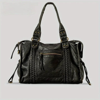 Black Leather Tote Bag with Braided Trim, Gold Rivets Design, Top Handle Work Purse for Women with Front Zipper Pocket