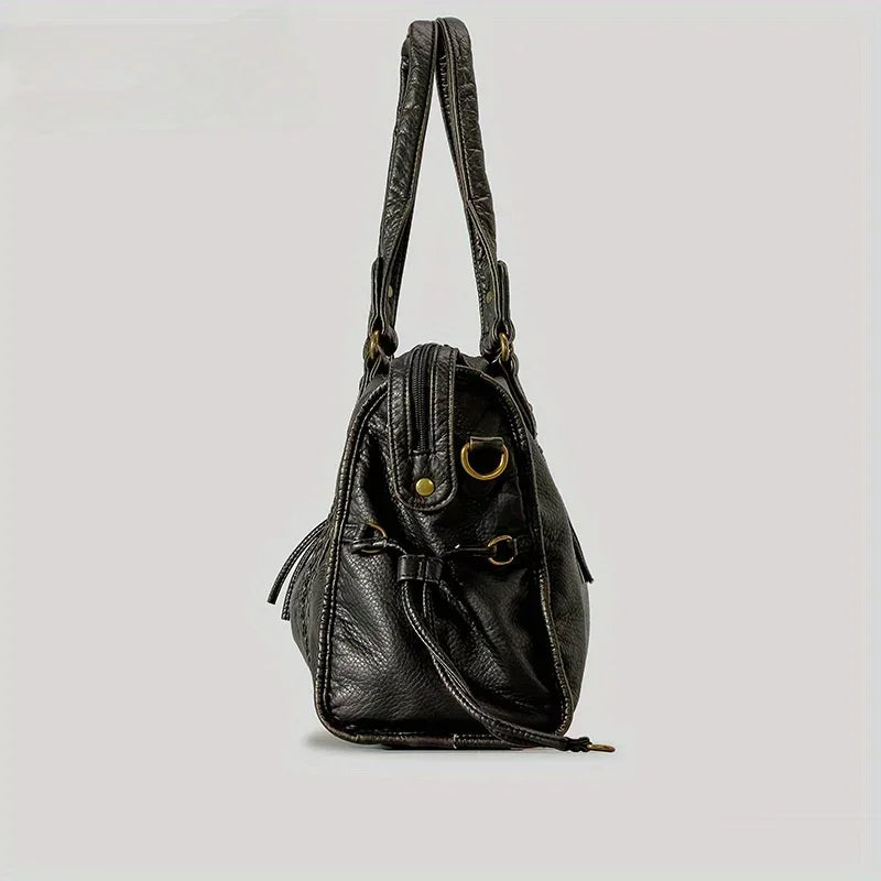 Black Leather Tote Bag with Braided Trim, Gold Rivets Design, Top Handle Work Purse for Women with Front Zipper Pocket