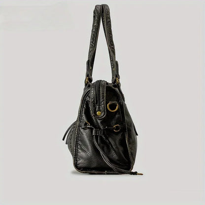 Black Leather Tote Bag with Braided Trim, Gold Rivets Design, Top Handle Work Purse for Women with Front Zipper Pocket
