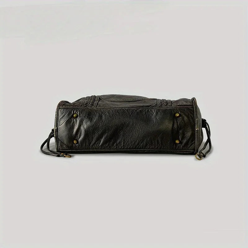 Black Leather Tote Bag with Braided Trim, Gold Rivets Design, Top Handle Work Purse for Women with Front Zipper Pocket