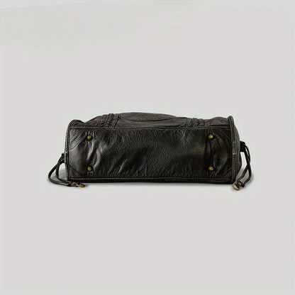 Black Leather Tote Bag with Braided Trim, Gold Rivets Design, Top Handle Work Purse for Women with Front Zipper Pocket