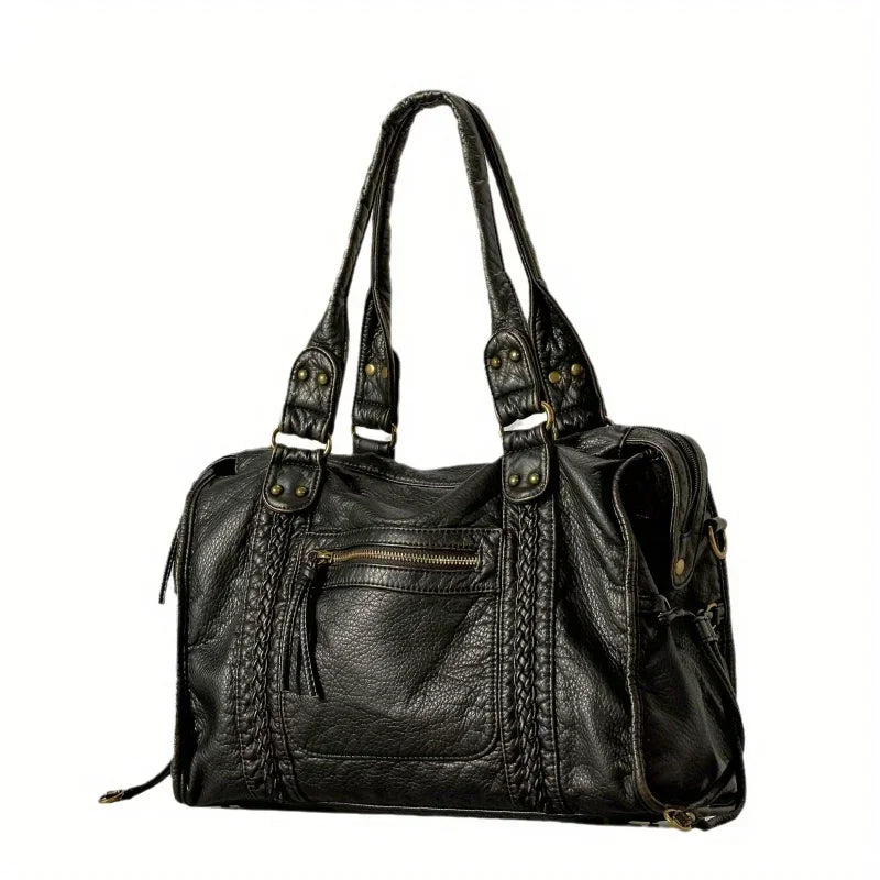 Black Leather Tote Bag with Braided Trim, Gold Rivets Design, Top Handle Work Purse for Women with Front Zipper Pocket