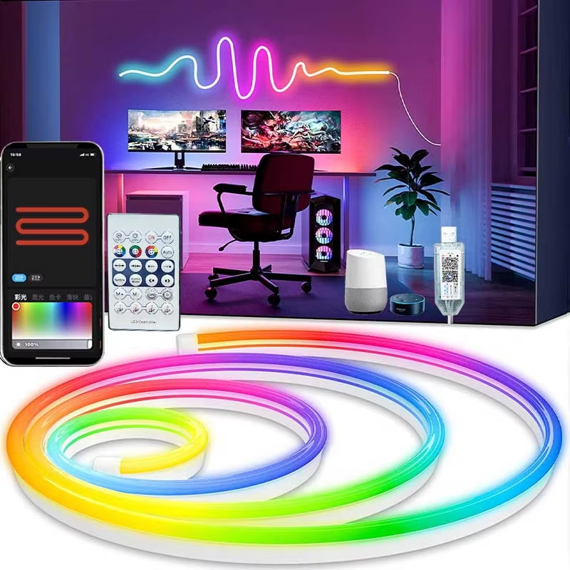 5V USB RGBIC Neon LED Strip, 1-5M IP65 Waterproof Bluetooth App Control, DIY Neon Decoration Lighting with Remote