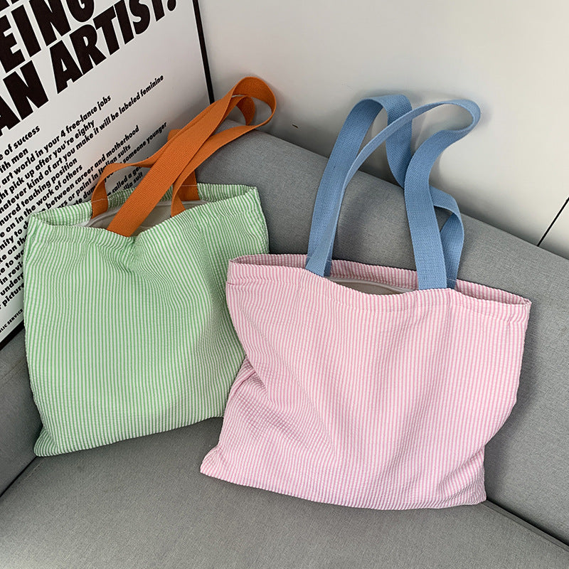 Women Stripe Canvas Shoulder Bag, Large Capacity CollegeBook Tote, Zipper Handbags Simple Commuter Shopping Bag