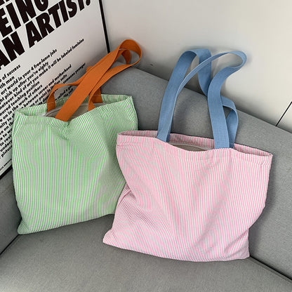 Women Stripe Canvas Shoulder Bag, Large Capacity CollegeBook Tote, Zipper Handbags Simple Commuter Shopping Bag