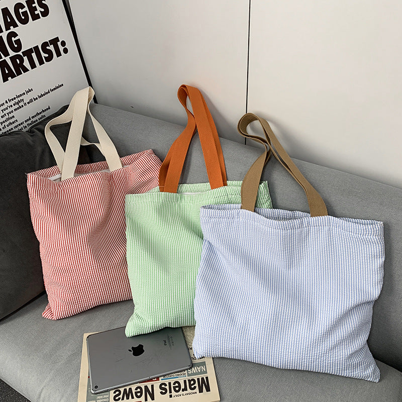 Women Stripe Canvas Shoulder Bag, Large Capacity CollegeBook Tote, Zipper Handbags Simple Commuter Shopping Bag