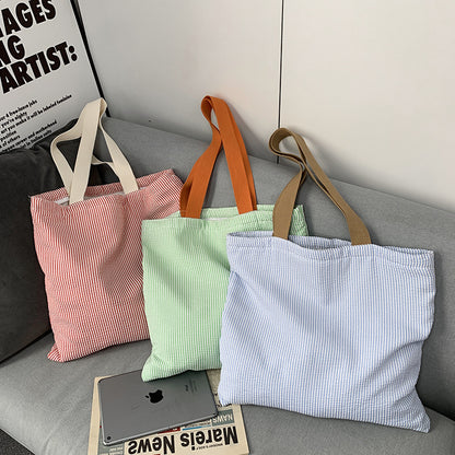 Women Stripe Canvas Shoulder Bag, Large Capacity CollegeBook Tote, Zipper Handbags Simple Commuter Shopping Bag