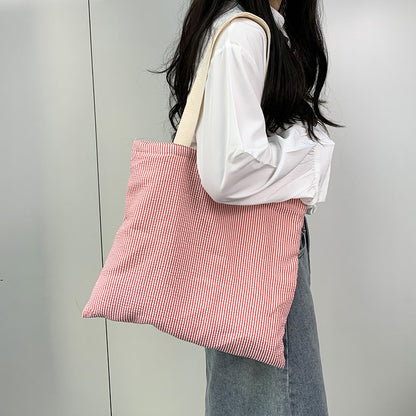 Women Stripe Canvas Shoulder Bag, Large Capacity CollegeBook Tote, Zipper Handbags Simple Commuter Shopping Bag