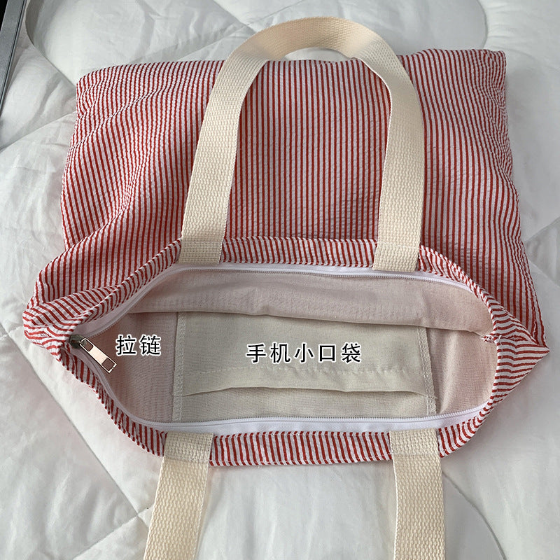 Women Stripe Canvas Shoulder Bag, Large Capacity CollegeBook Tote, Zipper Handbags Simple Commuter Shopping Bag