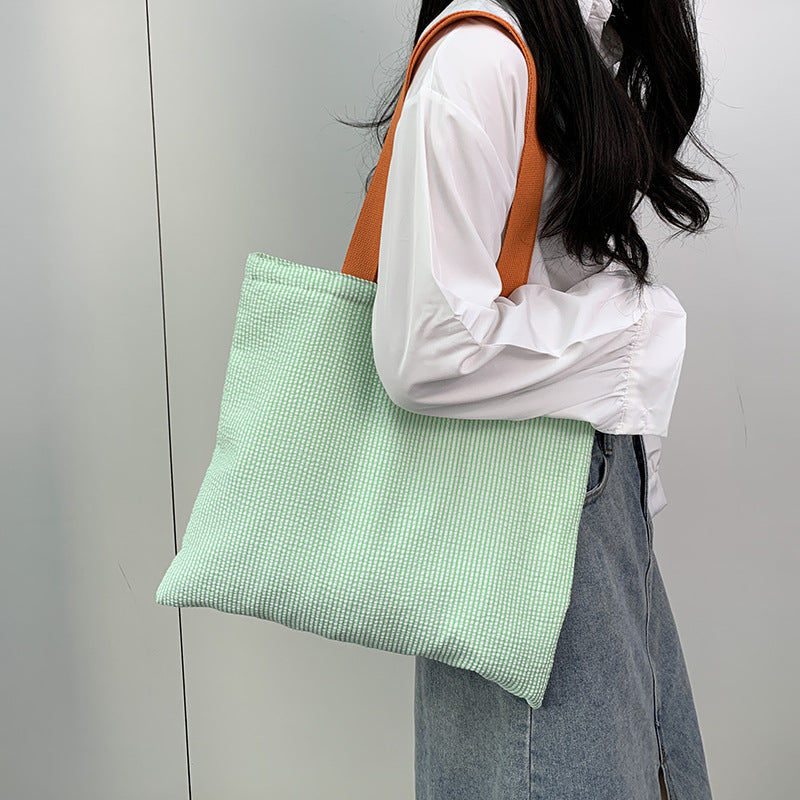 Women Stripe Canvas Shoulder Bag, Large Capacity CollegeBook Tote, Zipper Handbags Simple Commuter Shopping Bag