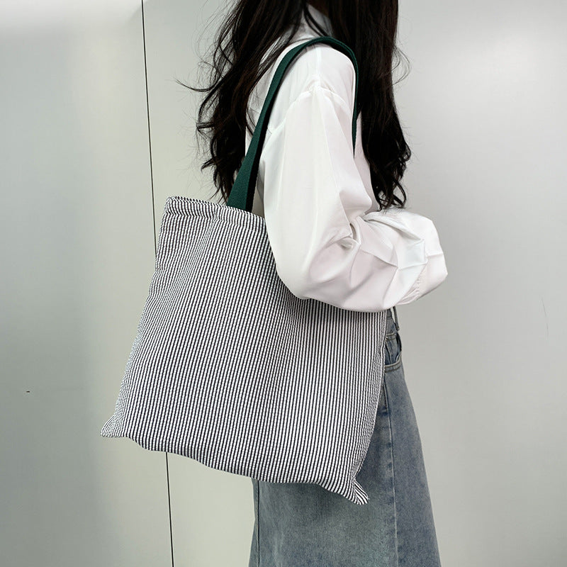 Women Stripe Canvas Shoulder Bag, Large Capacity CollegeBook Tote, Zipper Handbags Simple Commuter Shopping Bag