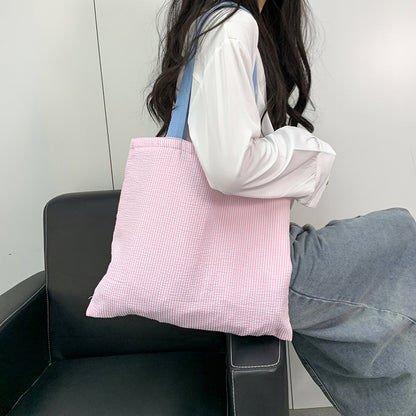 Women Stripe Canvas Shoulder Bag, Large Capacity CollegeBook Tote, Zipper Handbags Simple Commuter Shopping Bag
