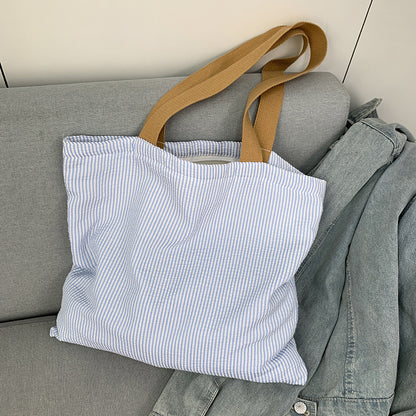 Women Stripe Canvas Shoulder Bag, Large Capacity CollegeBook Tote, Zipper Handbags Simple Commuter Shopping Bag