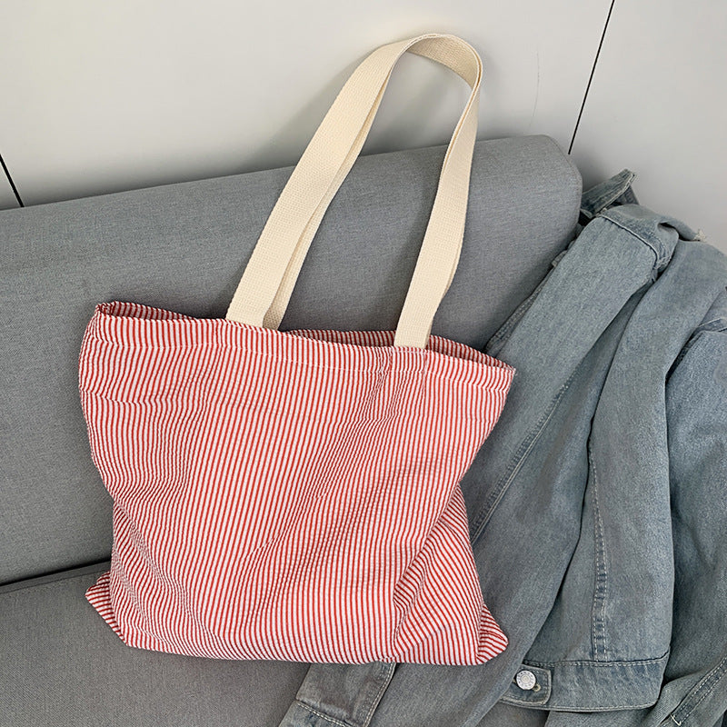 Women Stripe Canvas Shoulder Bag, Large Capacity CollegeBook Tote, Zipper Handbags Simple Commuter Shopping Bag