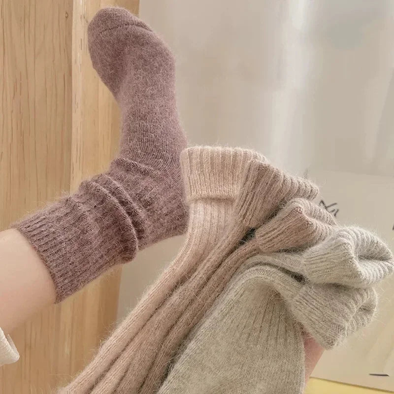 Womens Cashmere Wool Blend Winter Socks, Thick Warm Harajuku Style Solid Color Long Thermal Fashion Sox for Ladies