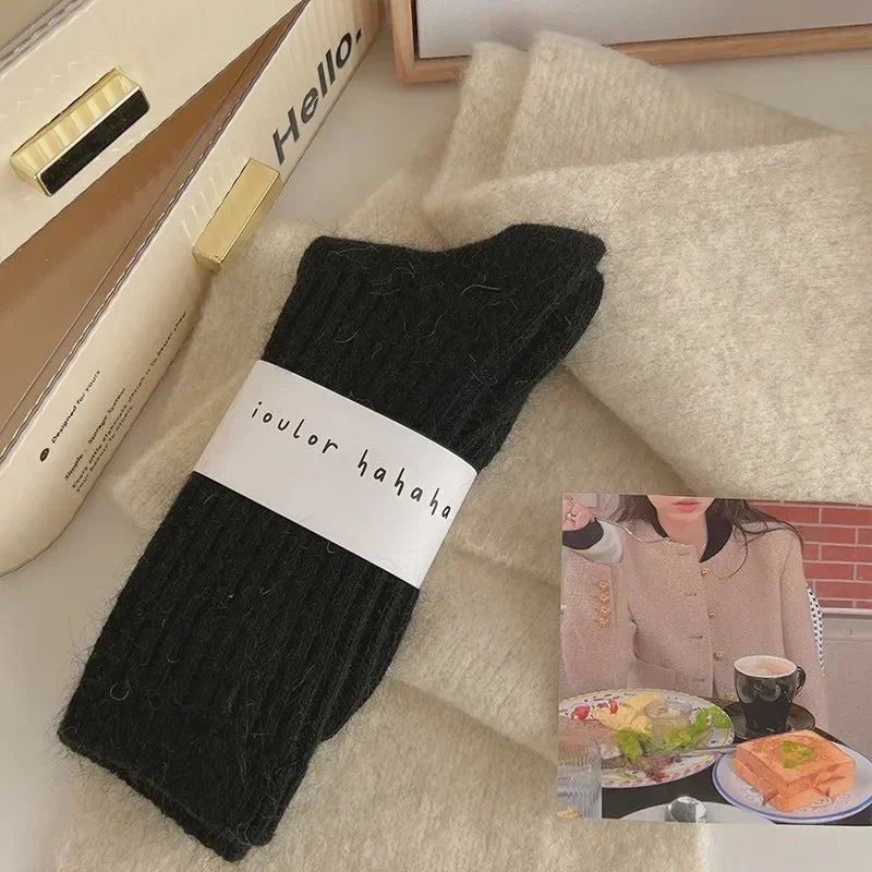Womens Cashmere Wool Blend Winter Socks, Thick Warm Harajuku Style Solid Color Long Thermal Fashion Sox for Ladies