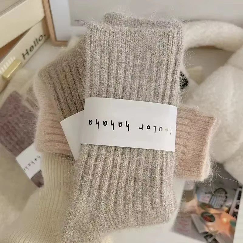 Womens Cashmere Wool Blend Winter Socks, Thick Warm Harajuku Style Solid Color Long Thermal Fashion Sox for Ladies