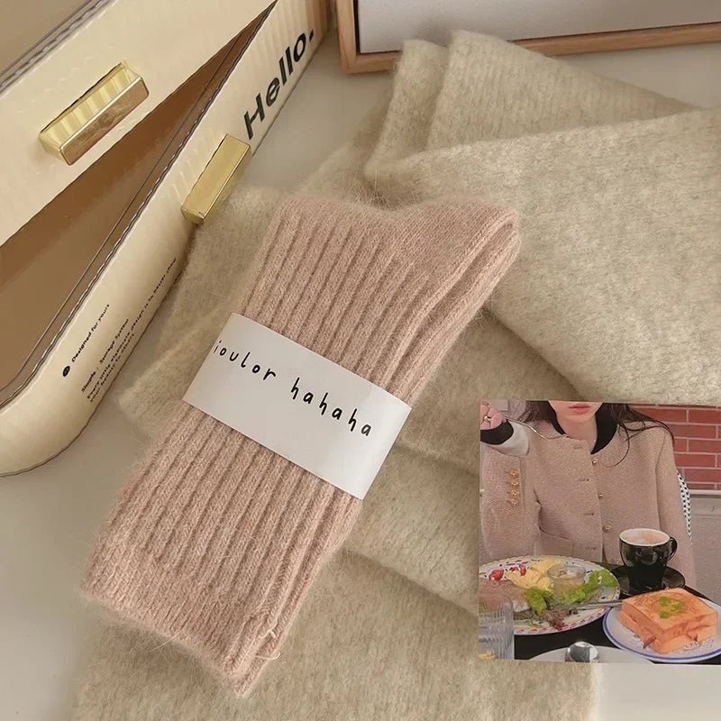 Womens Cashmere Wool Blend Winter Socks, Thick Warm Harajuku Style Solid Color Long Thermal Fashion Sox for Ladies