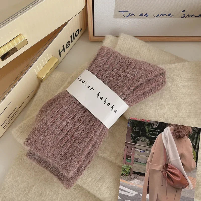 Womens Cashmere Wool Blend Winter Socks, Thick Warm Harajuku Style Solid Color Long Thermal Fashion Sox for Ladies