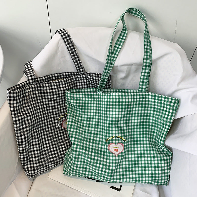 Eco Reusable Retro Plaid Women Portable Shopping Bags, Cotton Tote Shoulder Bag, College Girls Handbags with Zipper