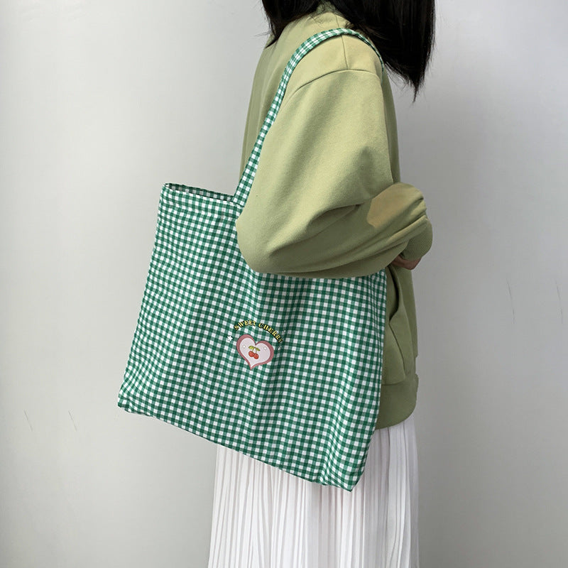 Eco Reusable Retro Plaid Women Portable Shopping Bags, Cotton Tote Shoulder Bag, College Girls Handbags with Zipper