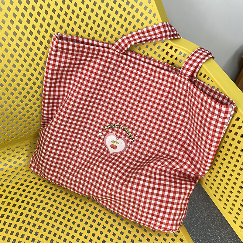 Eco Reusable Retro Plaid Women Portable Shopping Bags, Cotton Tote Shoulder Bag, College Girls Handbags with Zipper