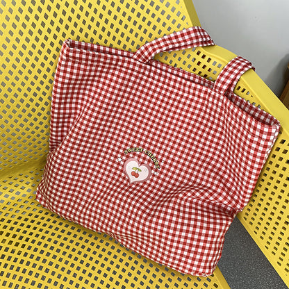 Eco Reusable Retro Plaid Women Portable Shopping Bags, Cotton Tote Shoulder Bag, College Girls Handbags with Zipper