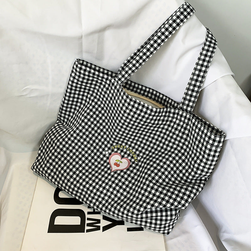 Eco Reusable Retro Plaid Women Portable Shopping Bags, Cotton Tote Shoulder Bag, College Girls Handbags with Zipper