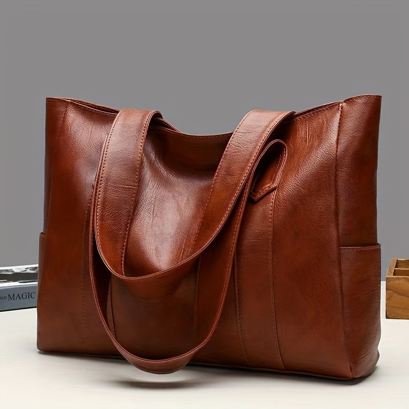 Durable PU Solid Color Shoulder Bag, Large Capacity Tote Bag with Zipper Double Handle, Perfect Commute Bag