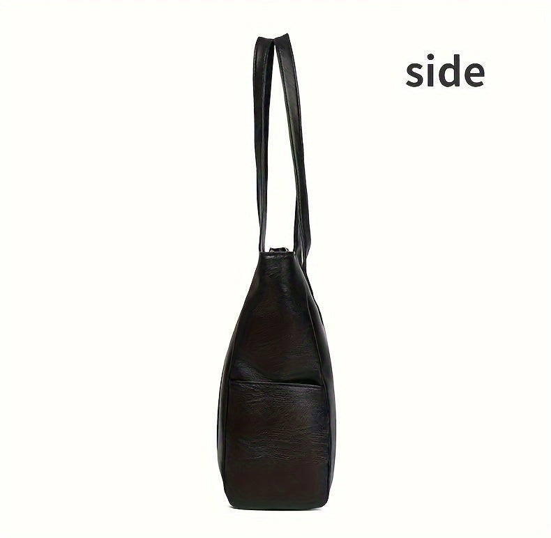 Durable PU Solid Color Shoulder Bag, Large Capacity Tote Bag with Zipper Double Handle, Perfect Commute Bag