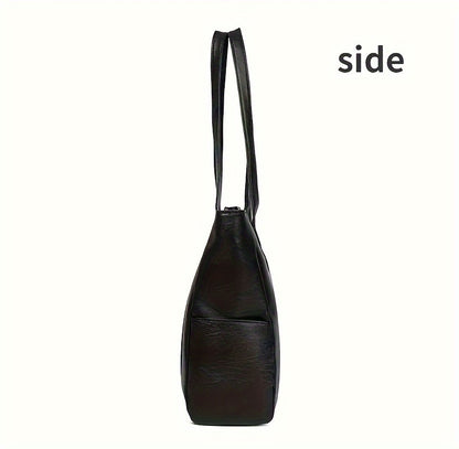 Durable PU Solid Color Shoulder Bag, Large Capacity Tote Bag with Zipper Double Handle, Perfect Commute Bag