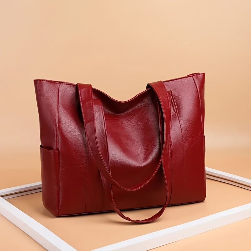 Durable PU Solid Color Shoulder Bag, Large Capacity Tote Bag with Zipper Double Handle, Perfect Commute Bag
