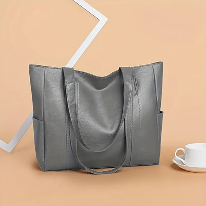 Durable PU Solid Color Shoulder Bag, Large Capacity Tote Bag with Zipper Double Handle, Perfect Commute Bag