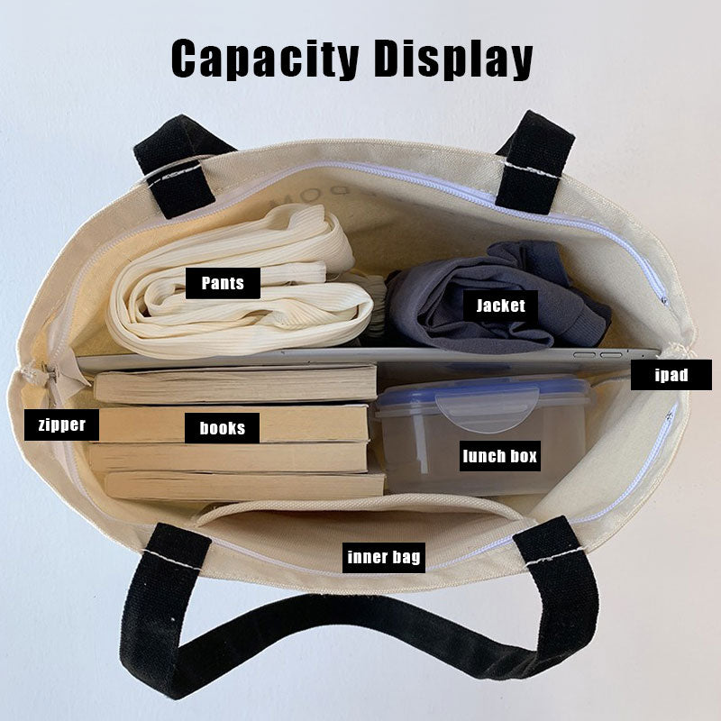 Canvas Shopping Bags, Foldable Eco Reusable Shoulder Bag, Large Zipper Handbag Tote for Women Shopper Pocket