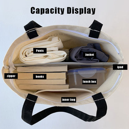 Canvas Shopping Bags, Foldable Eco Reusable Shoulder Bag, Large Zipper Handbag Tote for Women Shopper Pocket