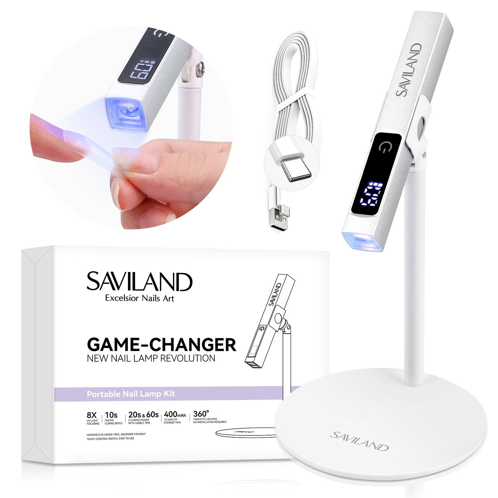 Rechargeable UV LED Nail Lamp with Magnetic Stand, Portable Mini Nail Dryer for Gel Nails with LCD Screen & 3 Timer Mod