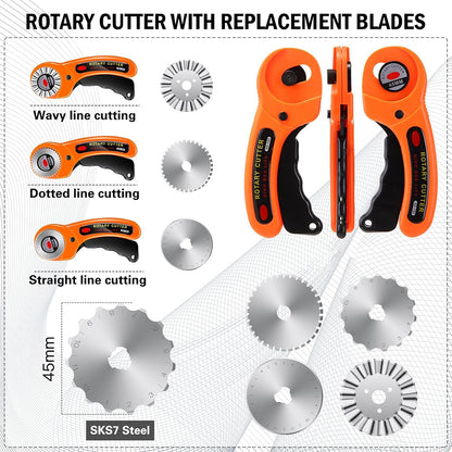 45mm Rotary Cutter with 5 Blades, Fabric Cutter with Safety Lock, Quilting Sewing Leather Cutting Perforating Tool