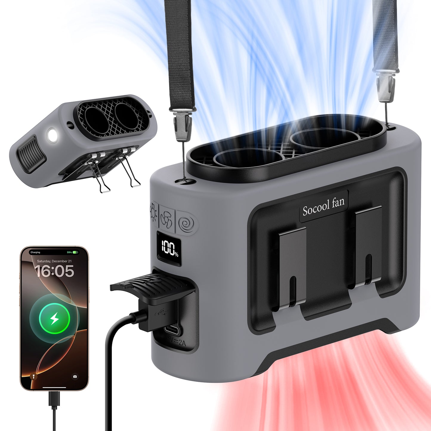 3-in-1 Cooling Waist Fan with Power Bank & Flashlight, 14500mAh Portable Fan with Dual Airflow Outlet for Outdoor Active