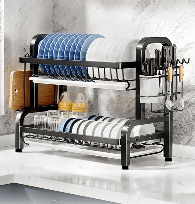 2 Tier Dish Drying Rack with Drainboard and Utensil Holder Rust Proof Compact Kitchen Organizer