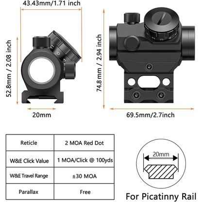2MOA Red Dot Sight 1x25mm Reflex Scope Waterproof Shockproof Fog Proof With Riser Mount 1