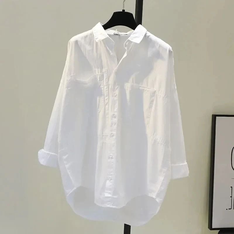 Long Sleeve White Women Shirt Casual Loose Office Button Blouse