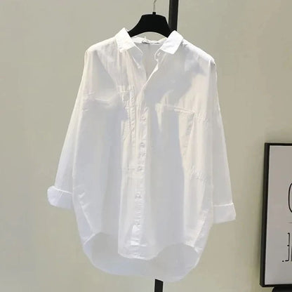 Long Sleeve White Women Shirt Casual Loose Office Button Blouse