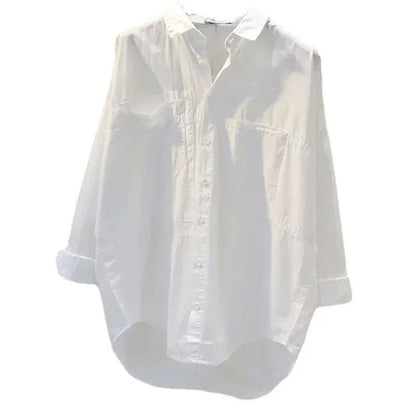 Long Sleeve White Women Shirt Casual Loose Office Button Blouse 5